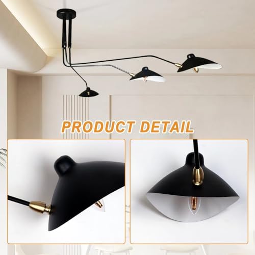 63 Mid-Century Modern Chandelier, Matt Black Adjustable 3-Arms Large Pendant Lighting Fixture for Bedroom Dining Room Living Room Kitchen Island 3-Light